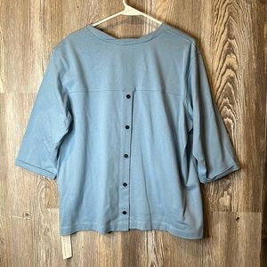 WRAP London powder blue top with button up back, 10